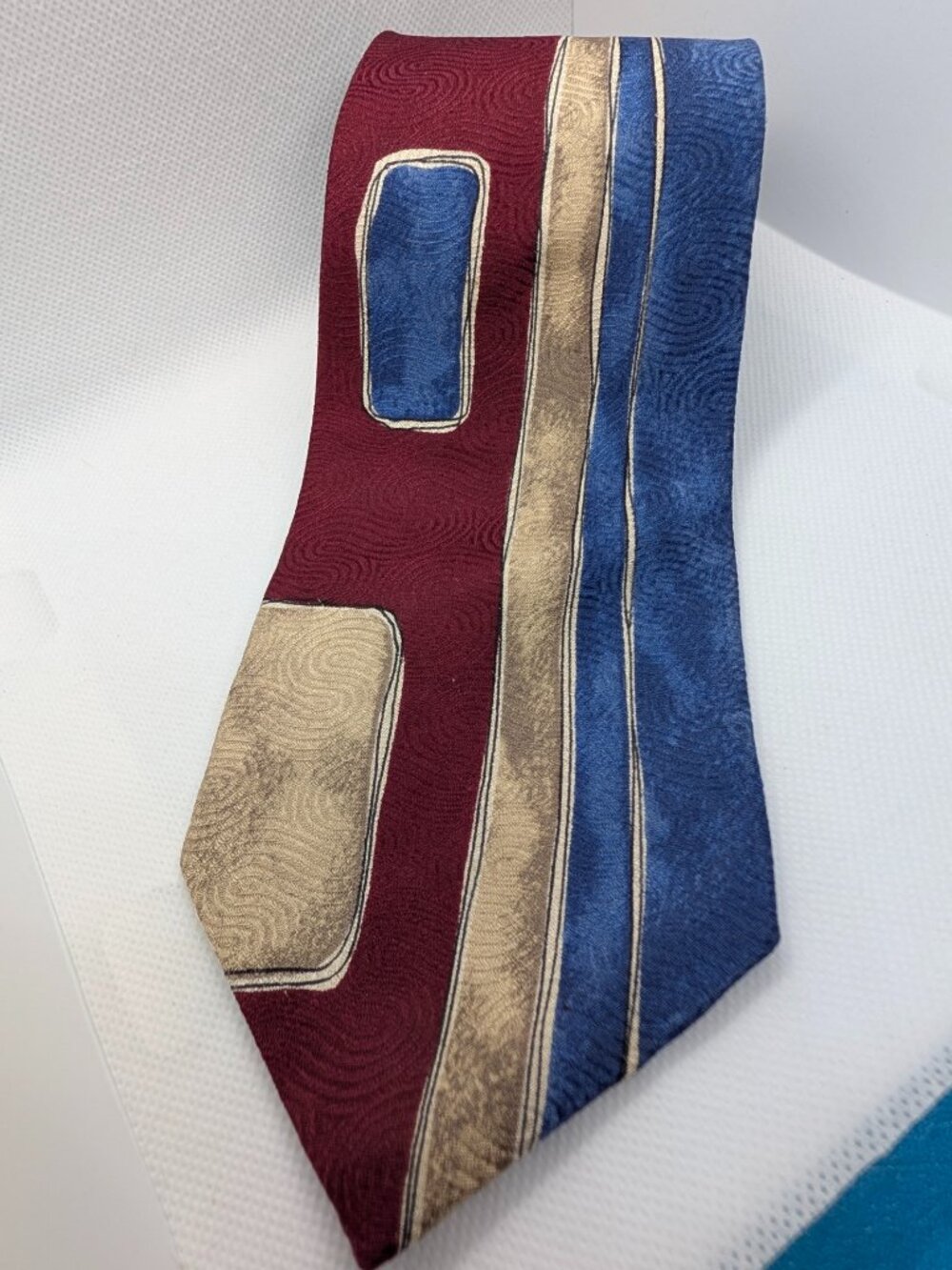 Vintage Oscar De La Renta Silk Necktie Tie Maroon/Blue/Beige Geometric 60x4"
